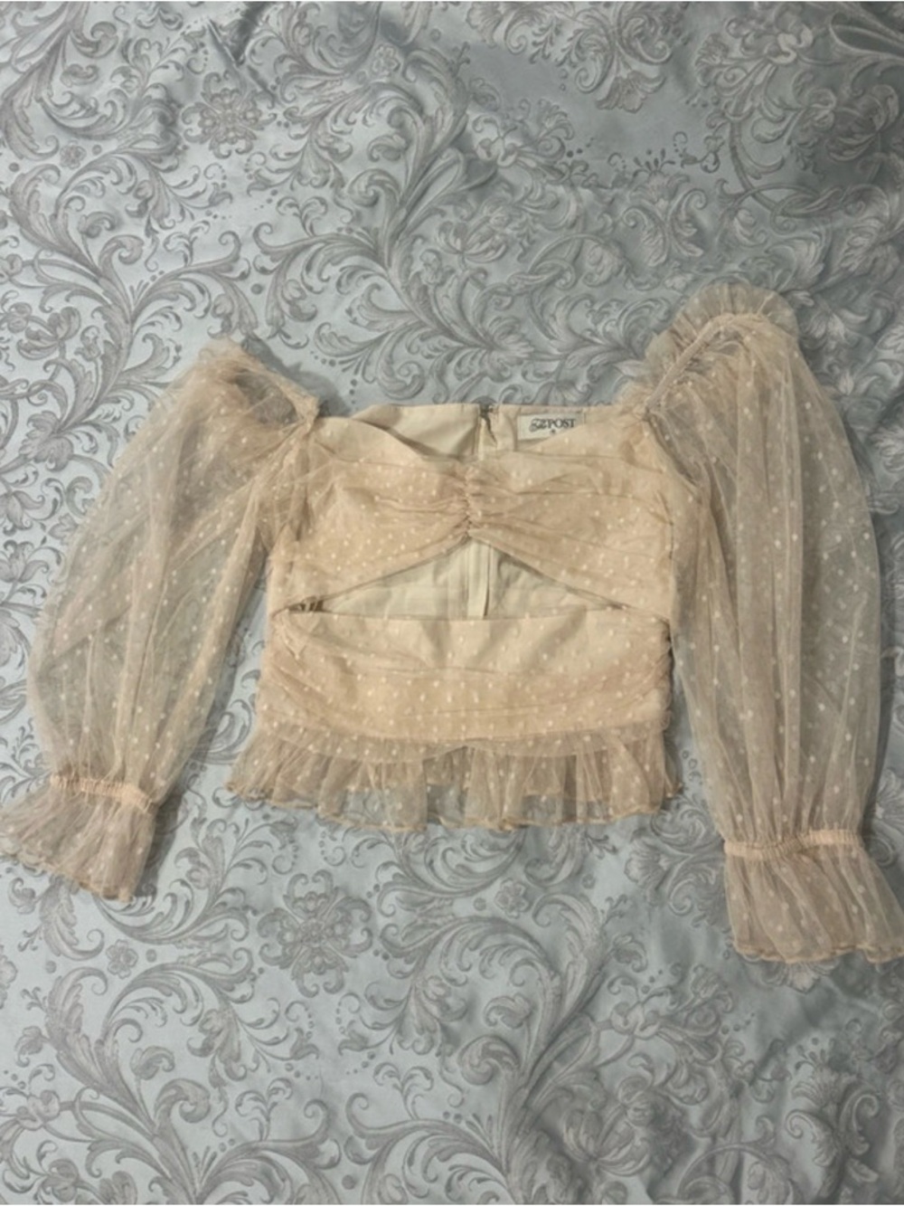 The Post Sheer Dot Mesh Puff Sleeve Crop Top in Beige